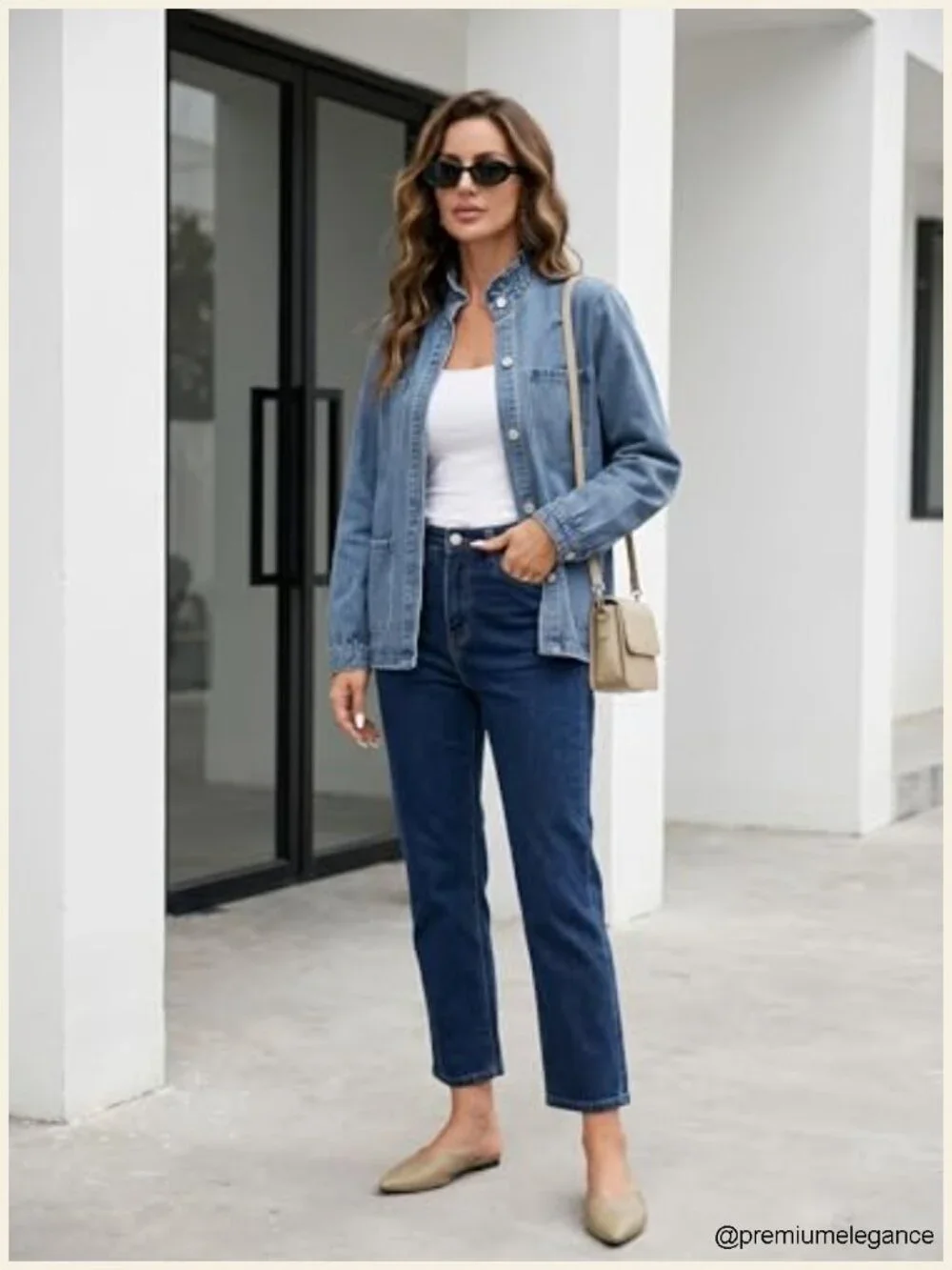 Button Down Ruffle Casual Oversized Cropped Jean Jacket with Pockets